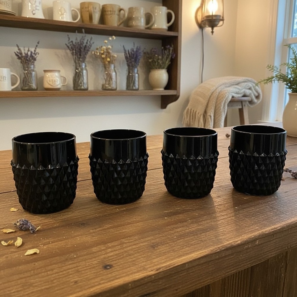 Set Of 4 Vintage Indiana Glass Tiara Black Diamond Point 8oz Tumblers
